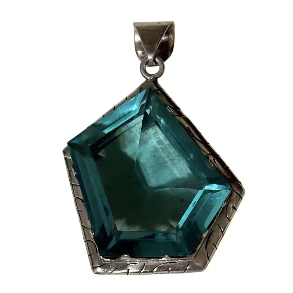 Taxco Sterling Siver & Blue Pendant Marked TS-7B Large Geometric Vintage Mexico